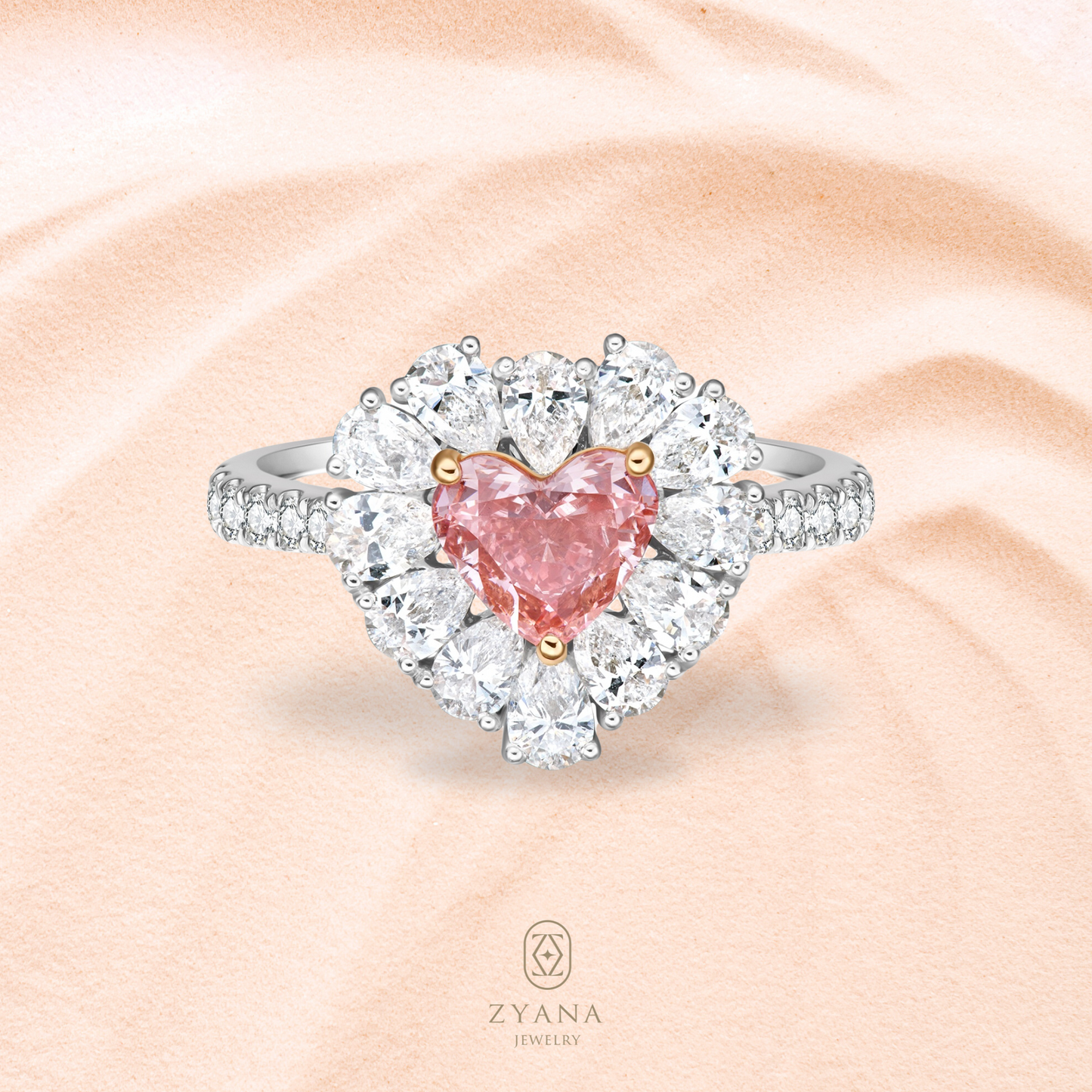 Lab Grown 0.72ct Fancy Intense Pink Heart shaped Diamond Ring