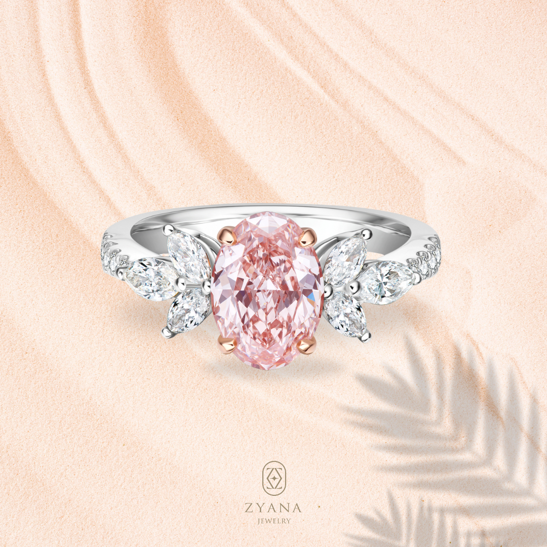 Lab Grown 1.50ct Fancy Intense Pink Oval shaped Diamond Ring