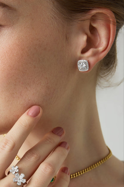 18k Gold Lab Grown 1.00ct Round Brilliant Cut Square Halo Jacket 2-ways Earrings | IGI Certificate
