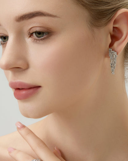 18k Gold CASCADE Lab Grown Emerald Cut Drop Diamond Earrings