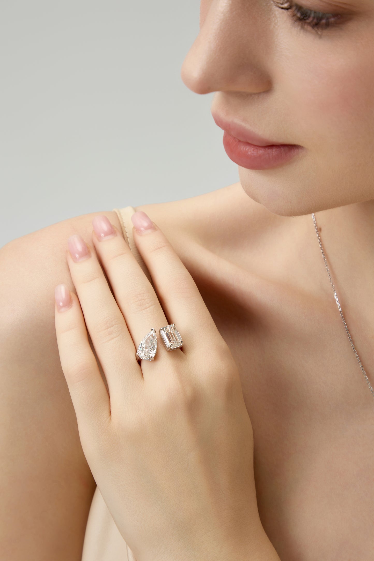 Lab Grown 3.00ct Emerald cut & 3.50ct Pear cut moi et toi Diamond Ring