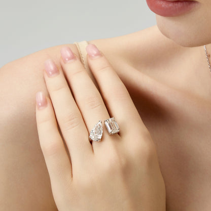 Lab Grown 3.00ct Emerald cut & 3.50ct Pear cut moi et toi Diamond Ring