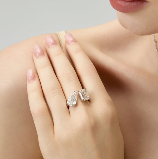 Lab Grown 3.00ct Emerald cut & 3.50ct Pear cut moi et toi Diamond Ring