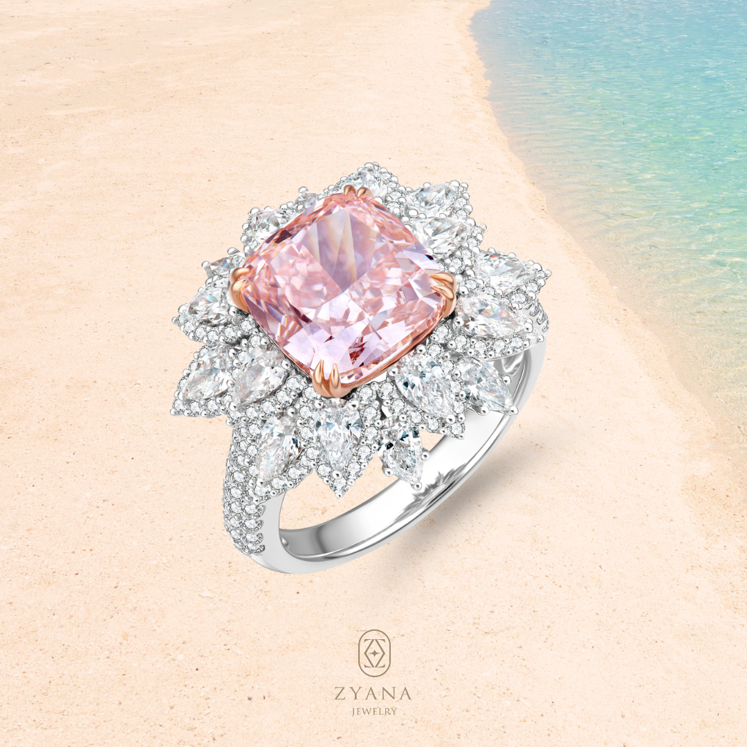 Lab Grown 5.00ct Fancy Pink Cushion shaped diamond Ring