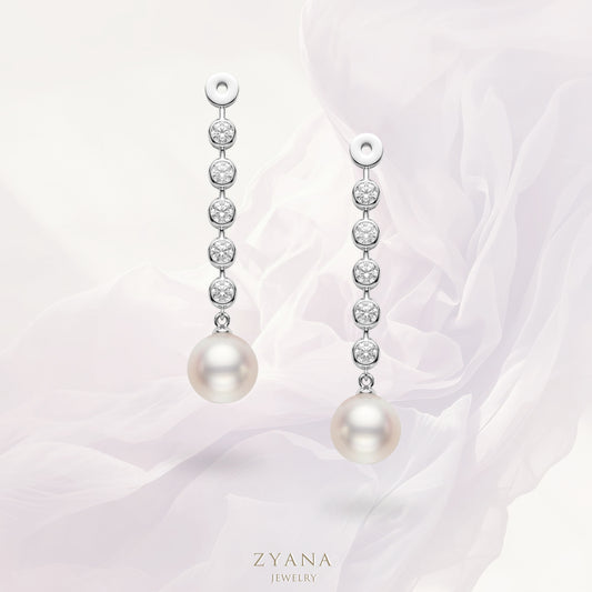 18K Gold Diamonds with 8mm Akoya Pearl Drop Earrings Jackets