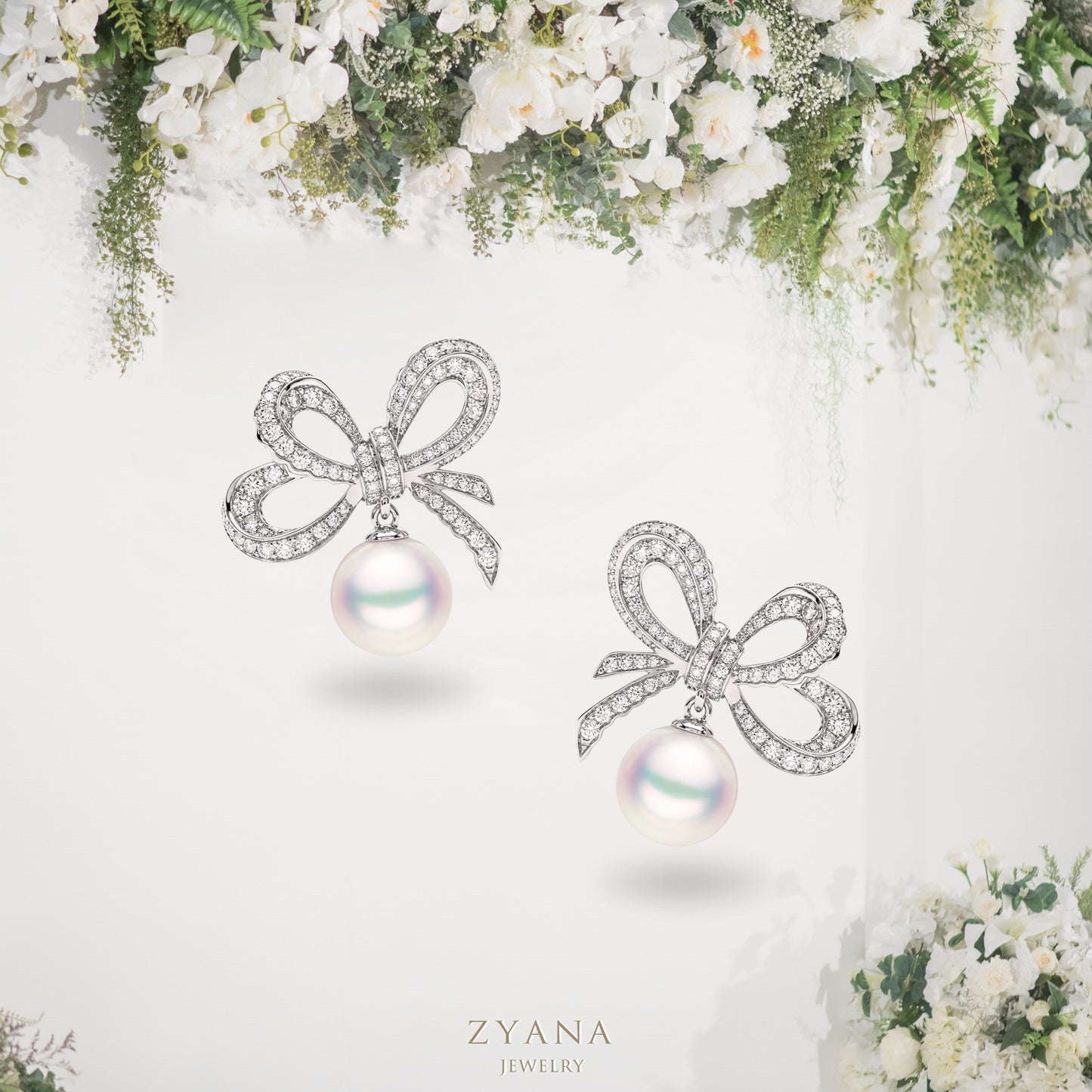 18K Gold RIBBON Diamonds with 7.6-8.0mm Akoya Pearl Earrings