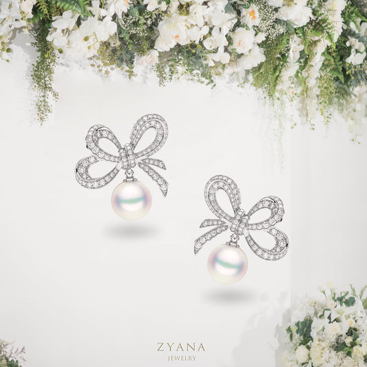 18K Gold RIBBON Diamonds with 7.6-8.0mm Akoya Pearl Earrings