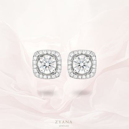 18k Gold Lab Grown 1.00ct Round Brilliant Cut Square Halo Jacket 2-ways Earrings | IGI Certificate
