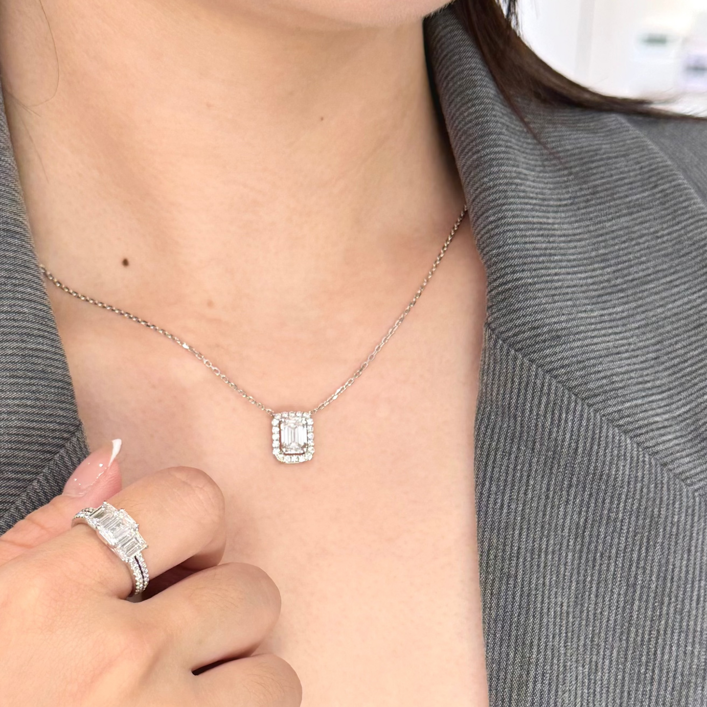 Lab Grown 2.00ct Emerald cut Halo Diamond Necklace