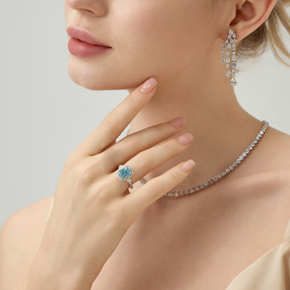 Lab Grown 2.98ct Fancy Intense Blue Cushion shaped Halo Pavé Diamond Ring