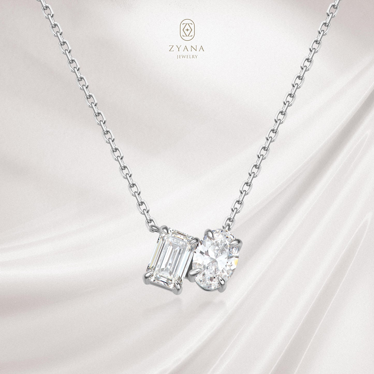 Lab Grown Oval & Emerald Toi et Moi Diamond Necklace