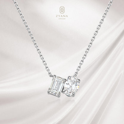 Lab Grown Oval & Emerald Toi et Moi Diamond Necklace