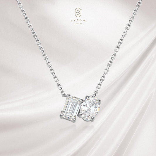 Lab Grown Oval & Emerald Toi et Moi Diamond Necklace